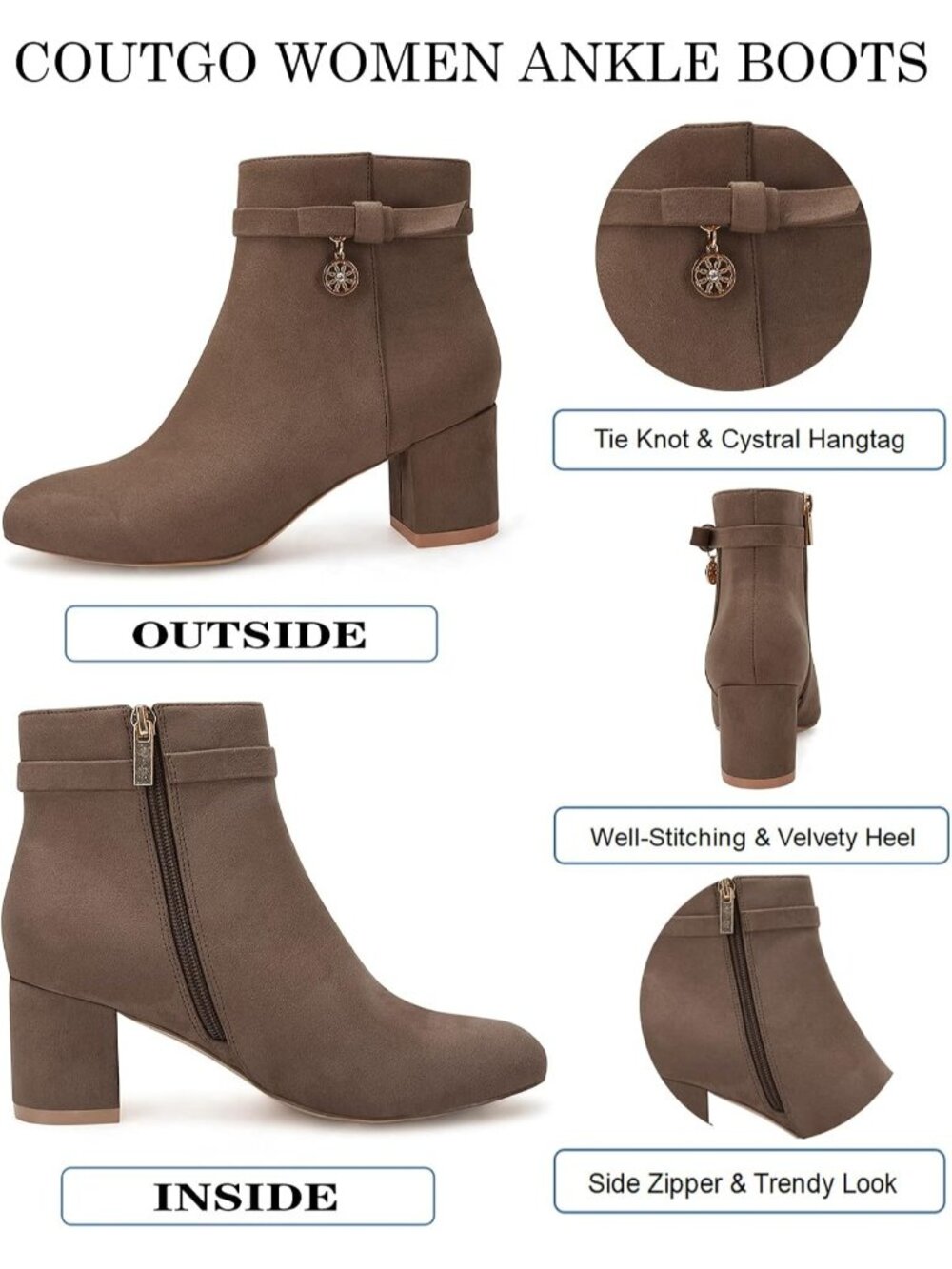 Women's Coffee Suede Chunky Block Low Heel Vintage Tie Knot Side Zip Ankle Boots - Picture 4 of 4